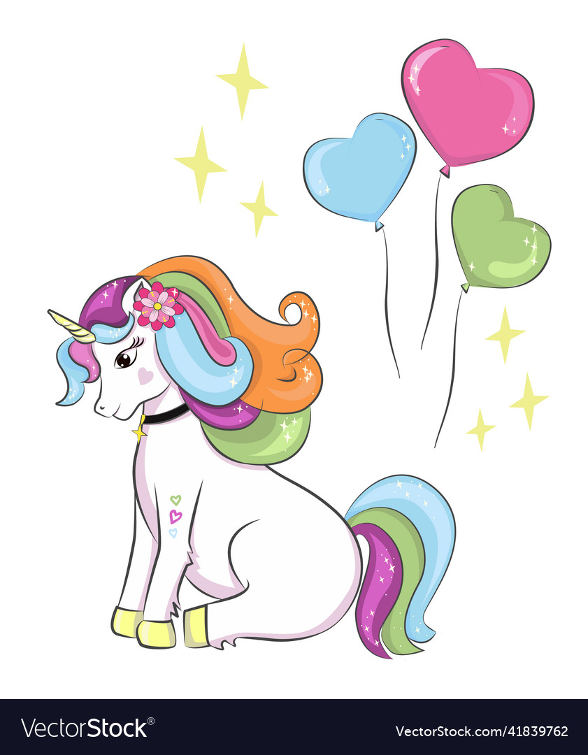 Cute Cartoon Einhorn mit bunten Ballons