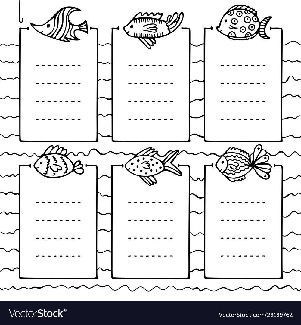 Hand-drawn frames with different fish