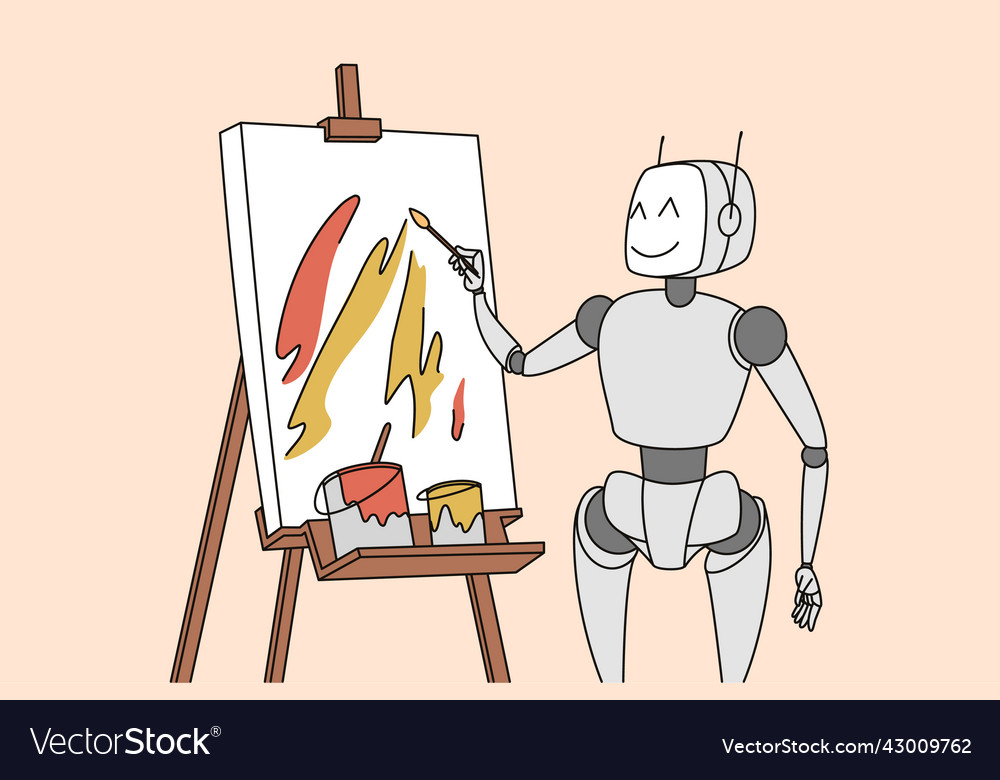 Robot drawing on flipchart vector image Robot drawing on flipchart