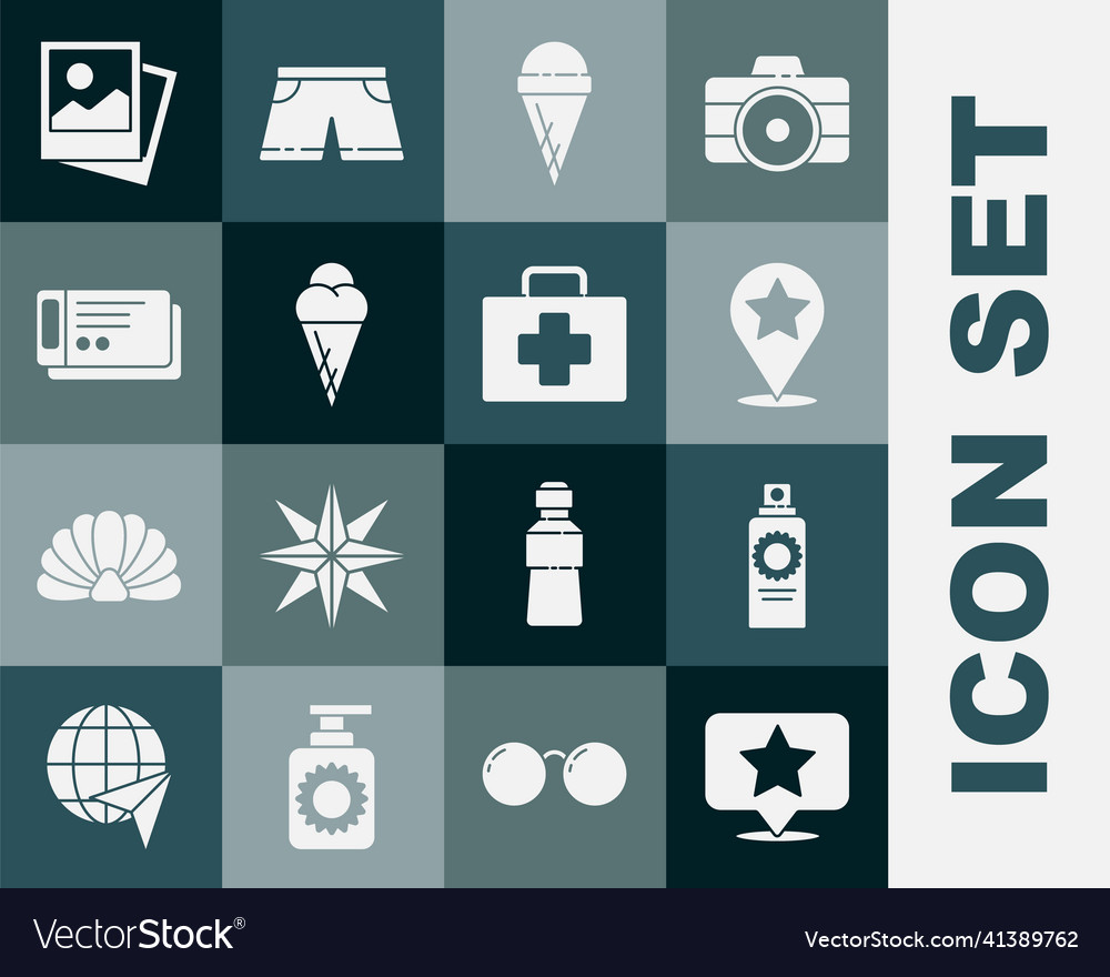 Set map pointer with star sunscreen spray bottle vector image Set map pointer with star sunscreen spray bottle