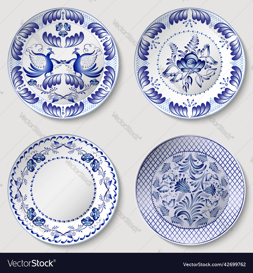 Set of porcelain plates blue pattern on white Vector Image
