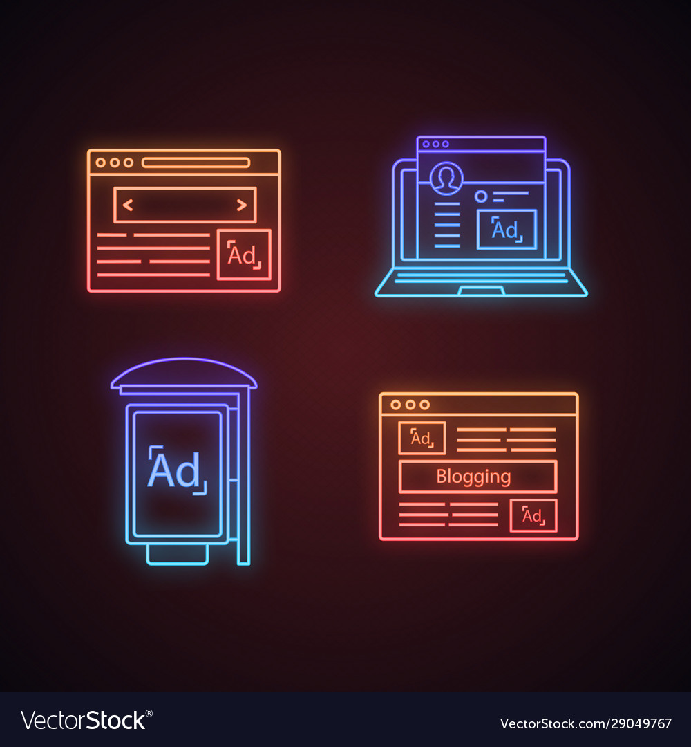 Werbekanäle Neon Licht Icons Set