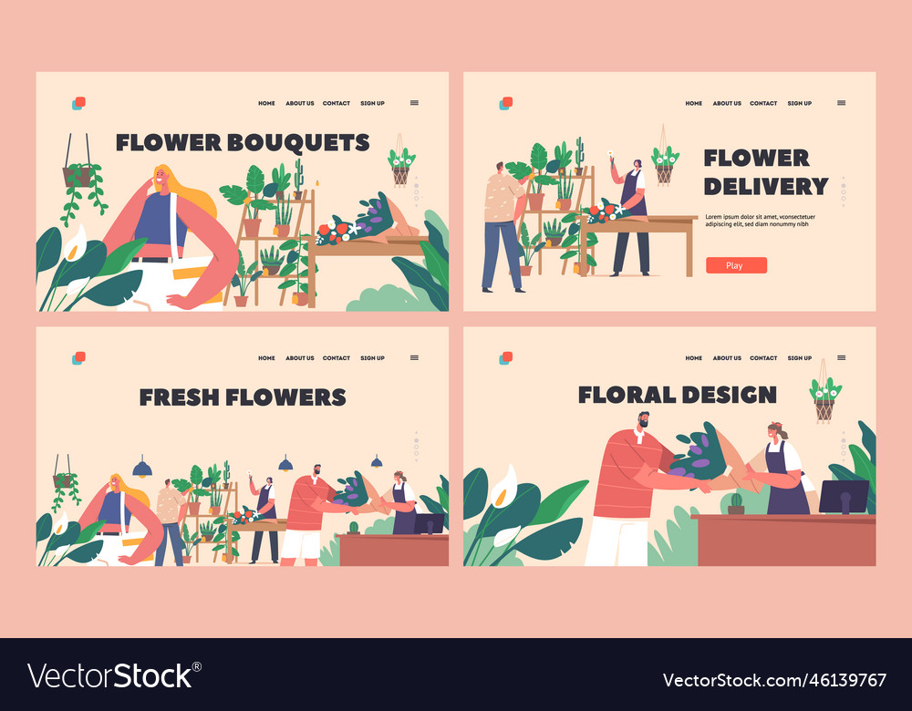 Floristic store landing page template set flower