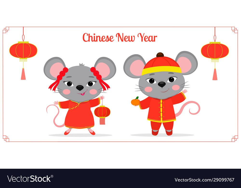 Greeting card with 2020 chinese new year two cute