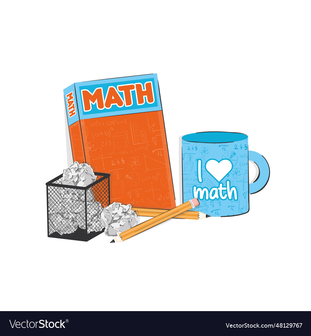Math book with an empty mug and a recyclable bin