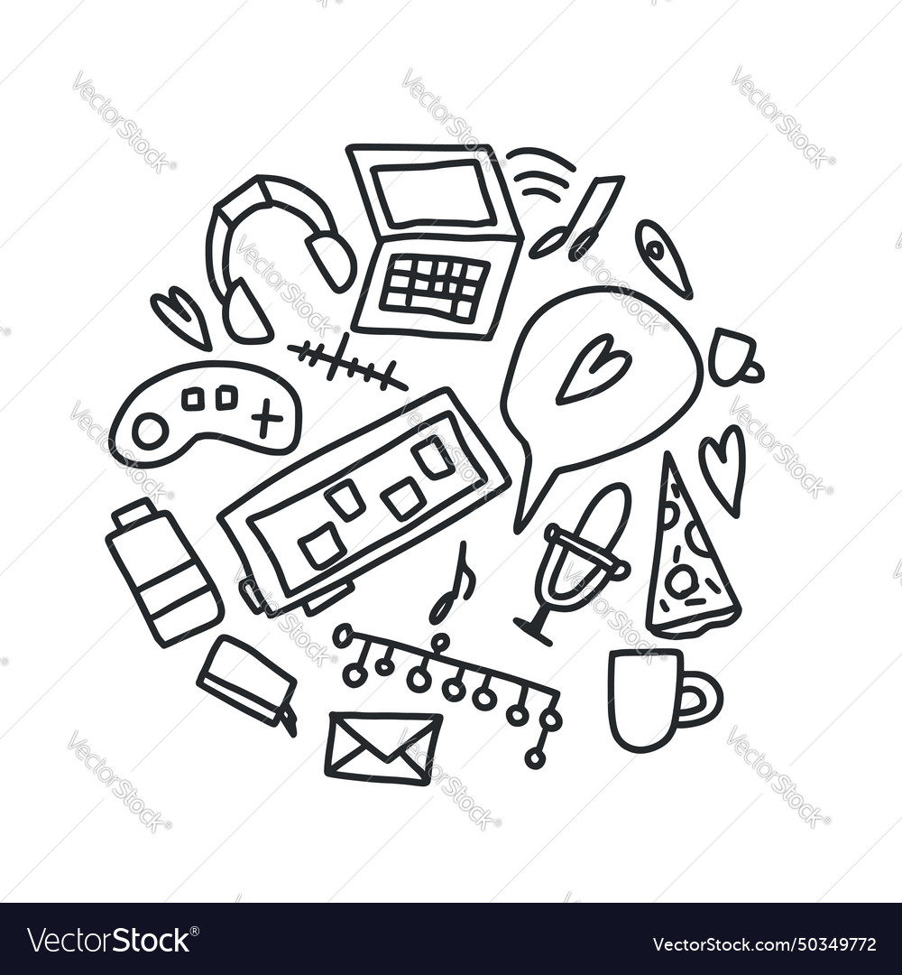 Digital retro elements round composition isolated