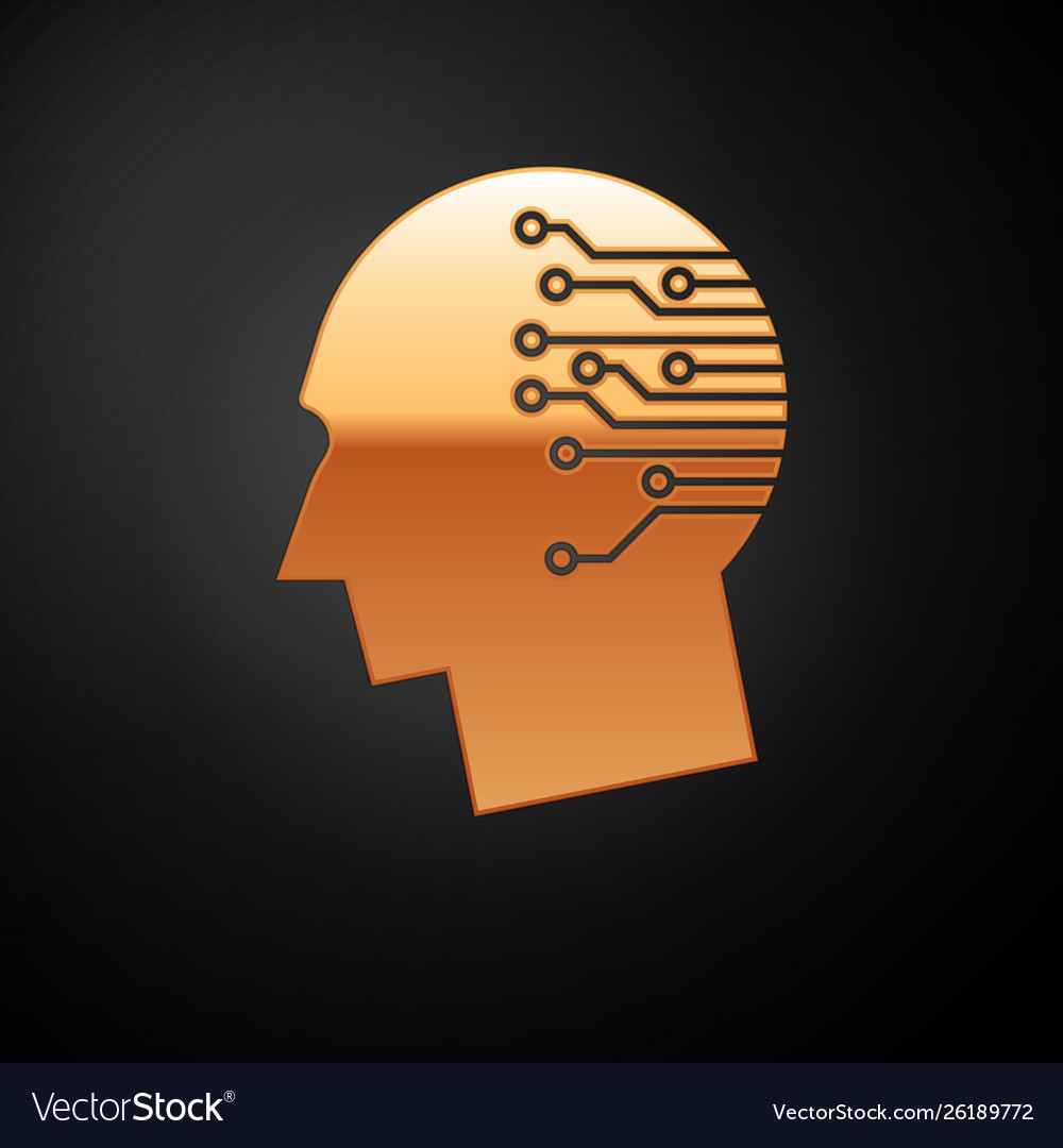 Gold human brain as digital circuit board icon