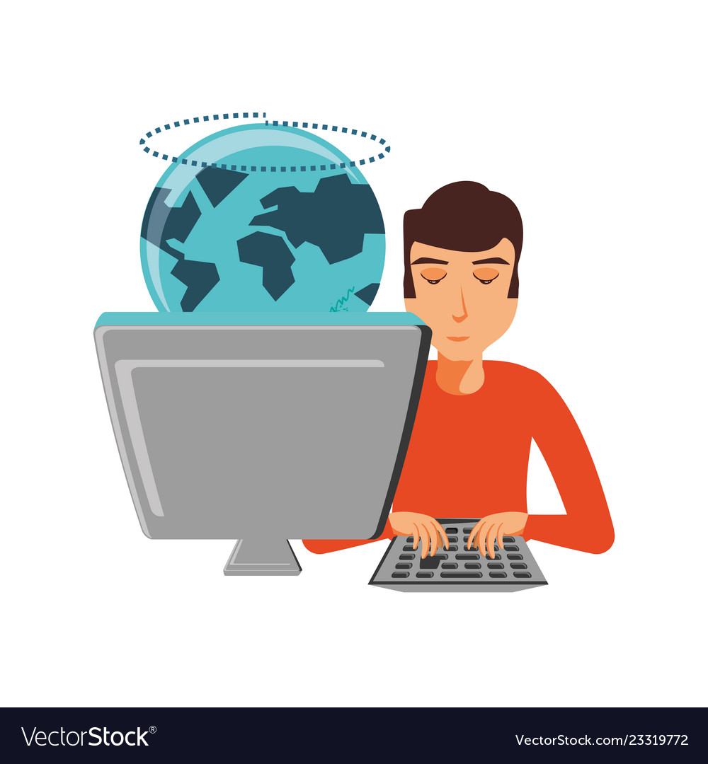 Man with desktop computer and planet earth