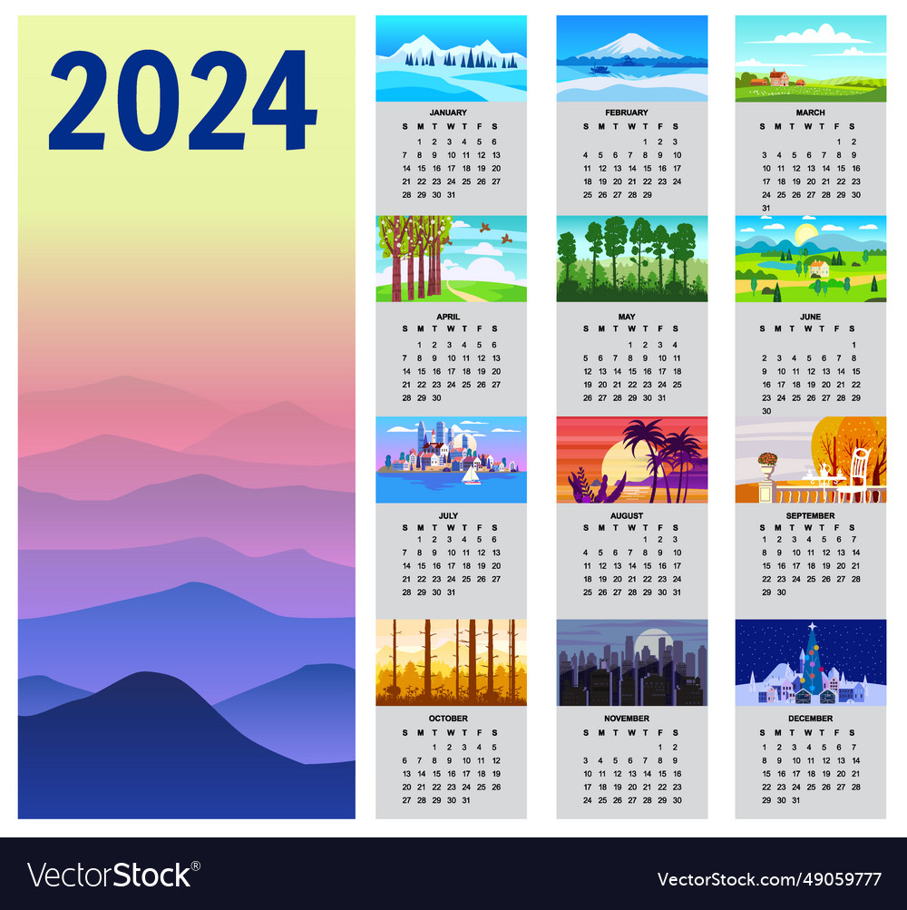 2024 wall calendar set of 12 minimalistic Vector Image