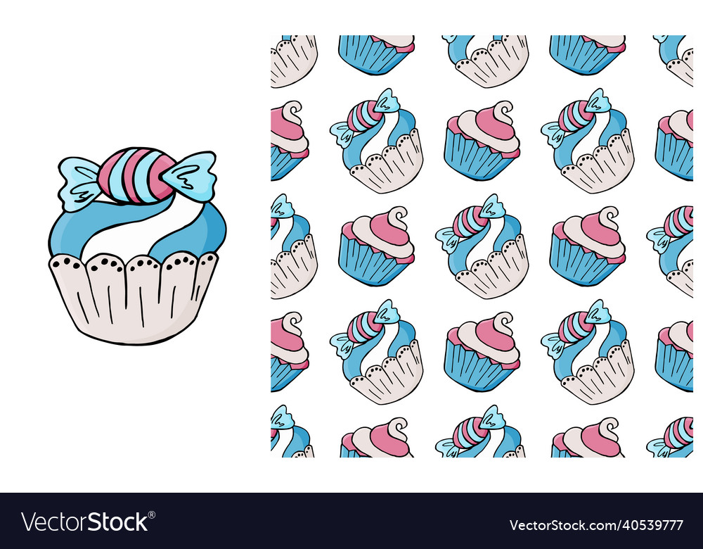 Cupcake muffin set of element and seamless pattern vector image Cupcake muffin set of element and seamless pattern