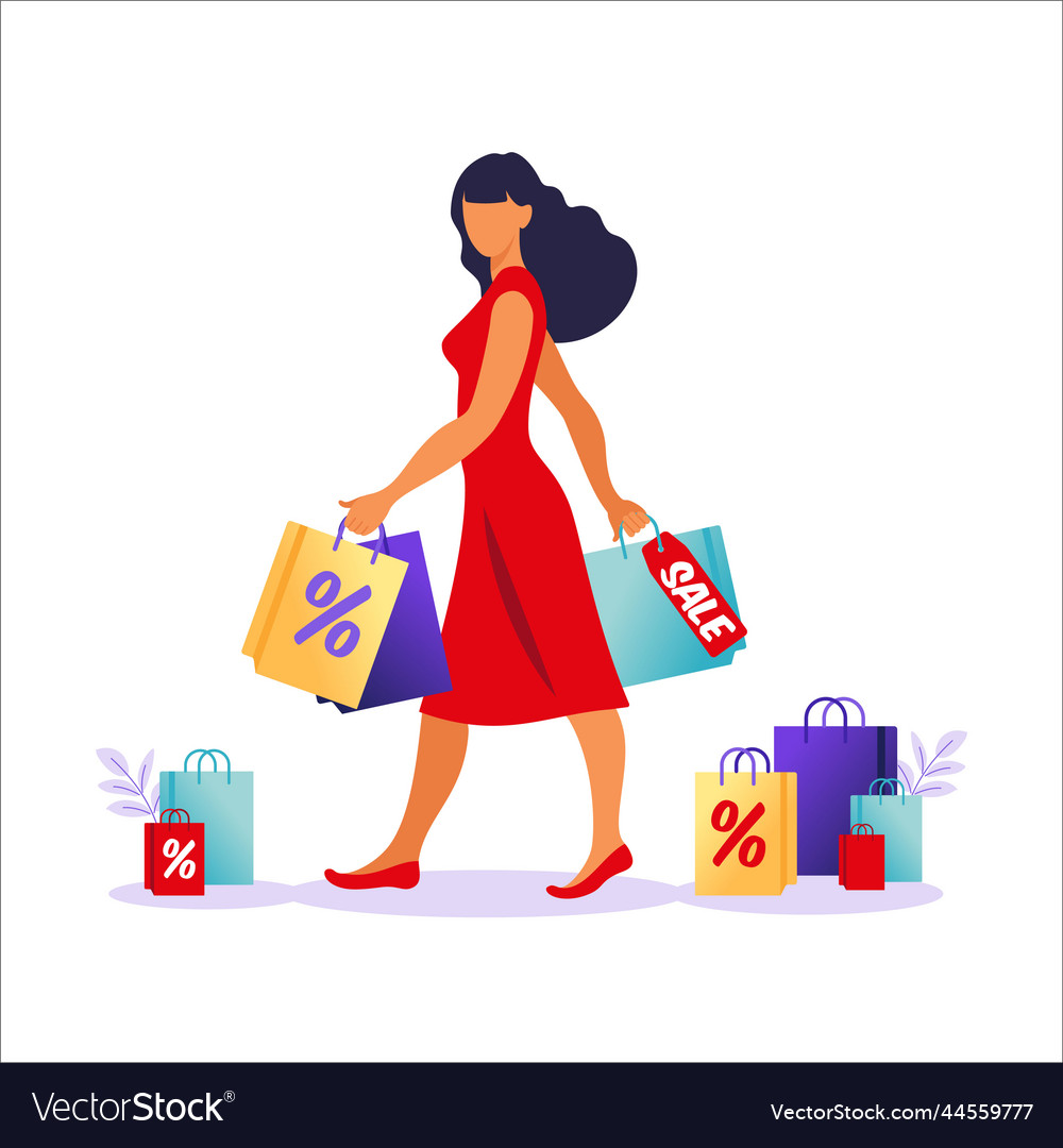 Young woman with paper bags go with sales concept Vector Image