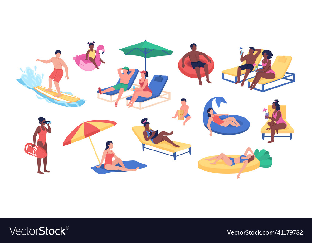 Beach activities semi flat color character set