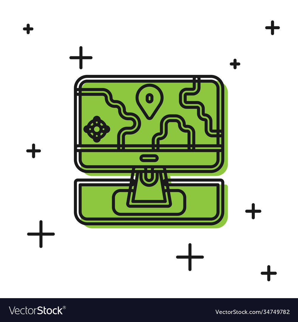 Black computer monitor and folded map vector image Black computer monitor and folded map