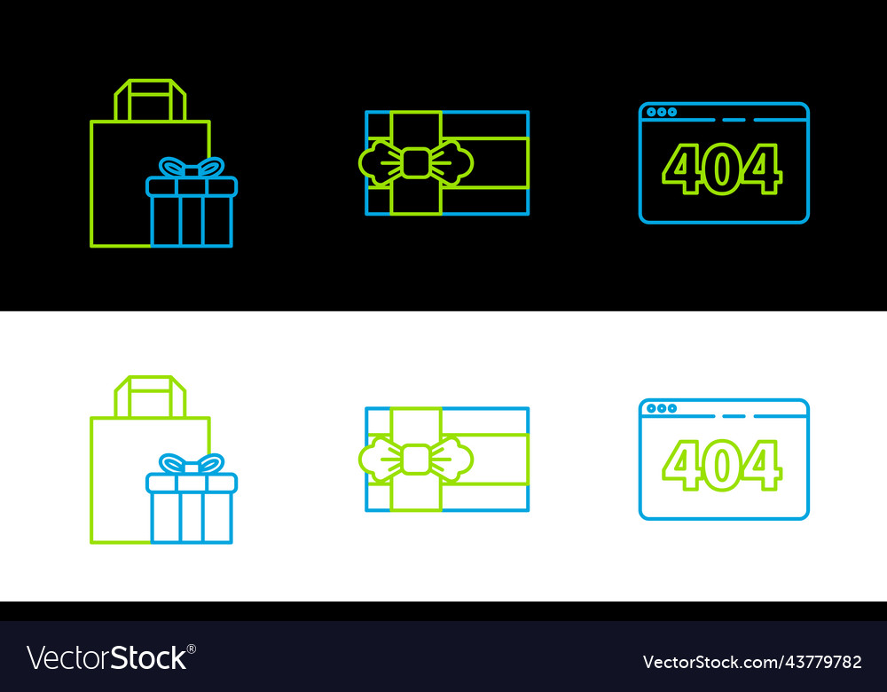 Set line page with a 404 error gift box and icon