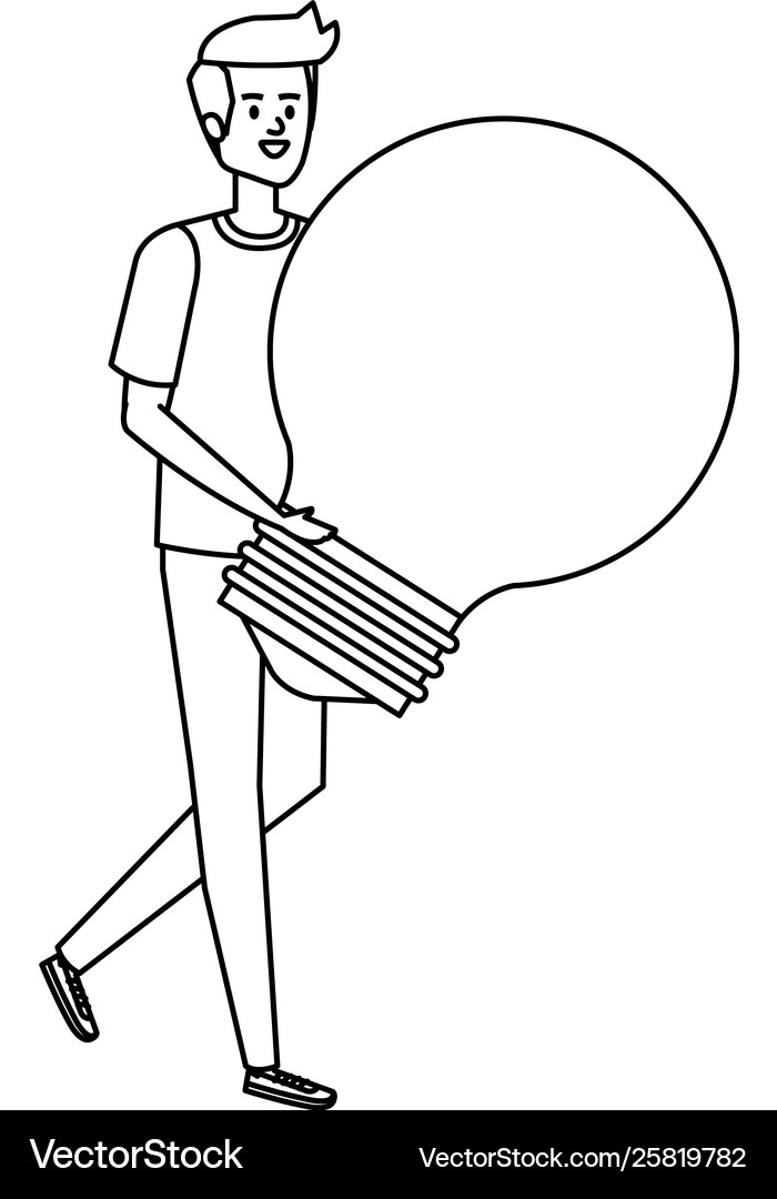 Young man lifting bulb light Royalty Free Vector Image