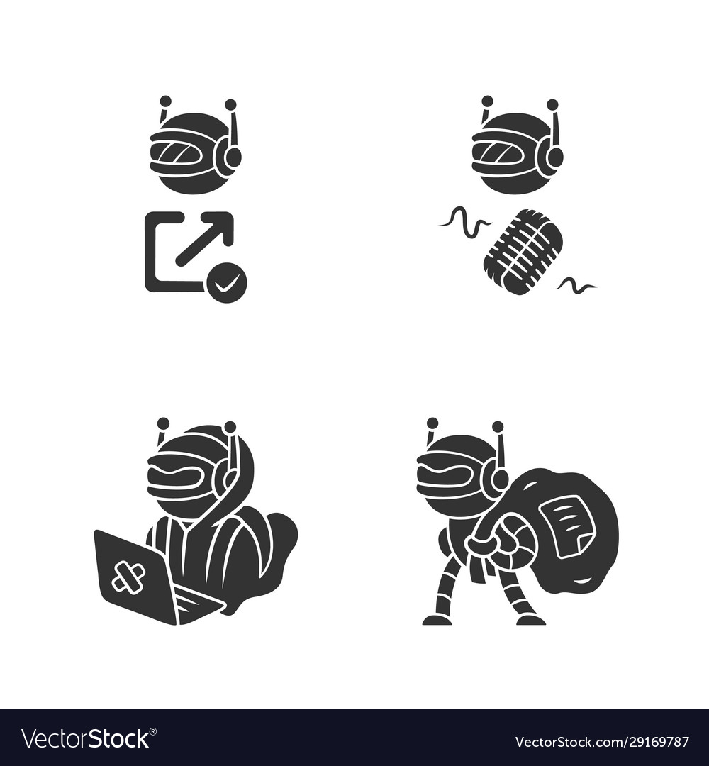 Bot types glyph icons set hacker backlink checker vector image Bot types glyph icons set hacker backlink checker