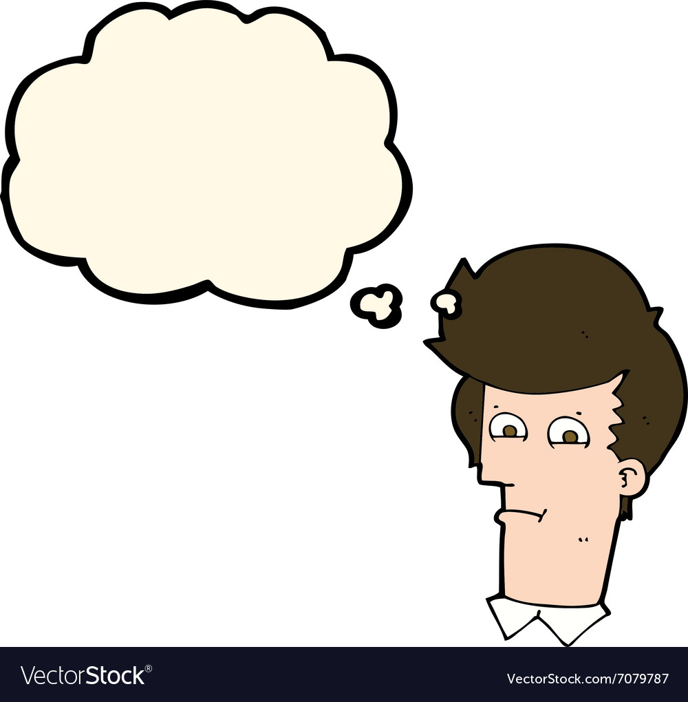 Cartoon man narrowing eyes with thought bubble Vector Image