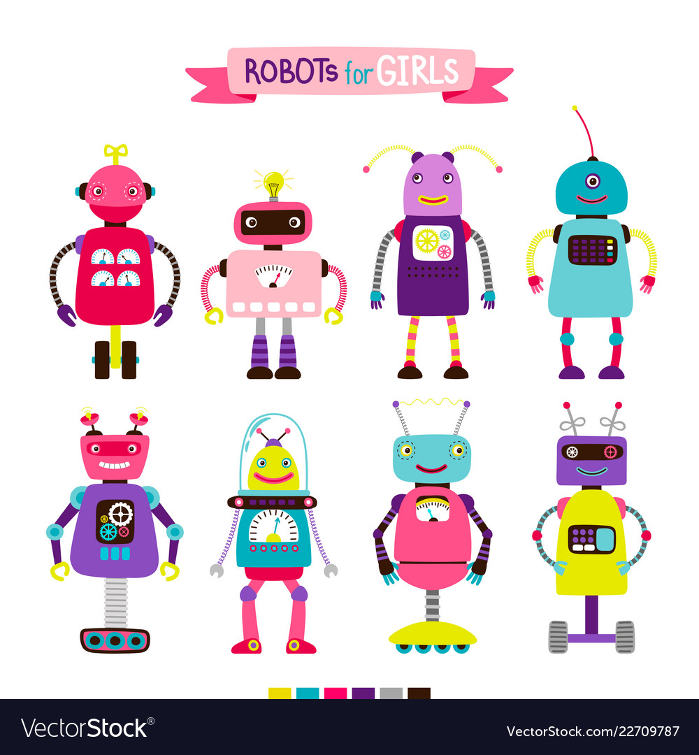 Cartoon robots set for girls Royalty Free Vector Image