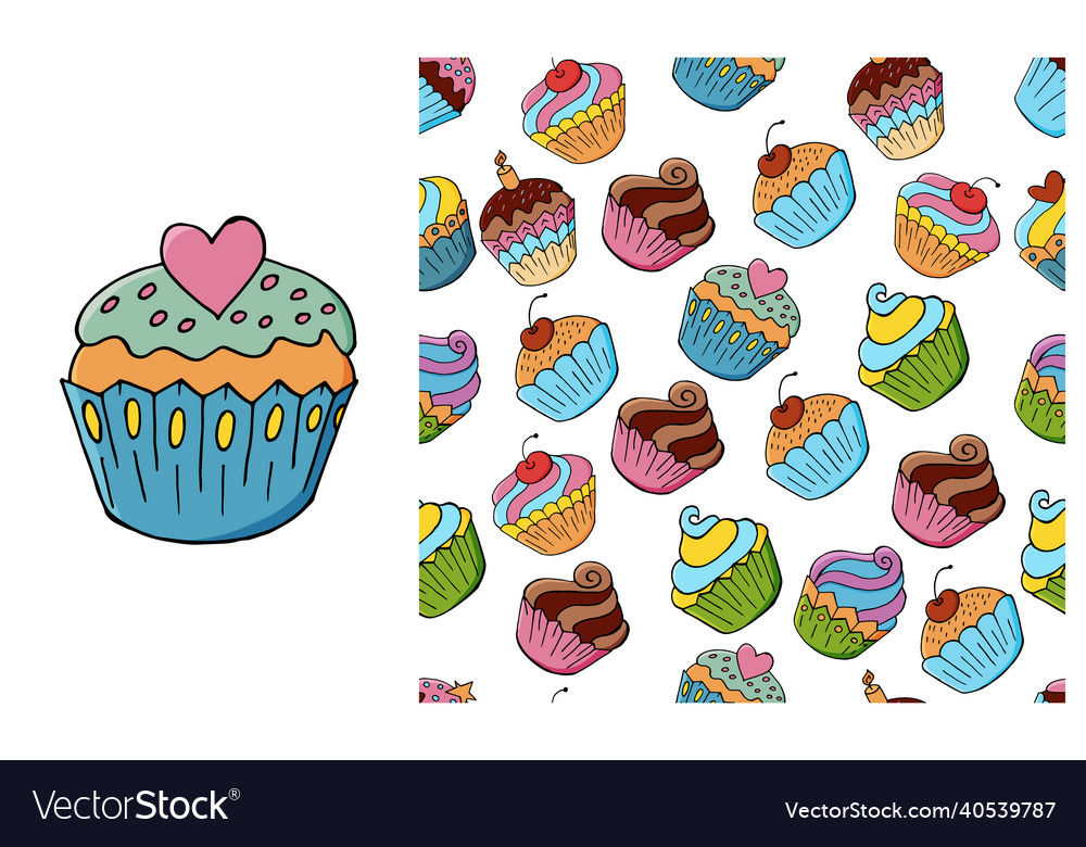 Cupcake muffin set of element and seamless pattern vector image Cupcake muffin set of element and seamless pattern