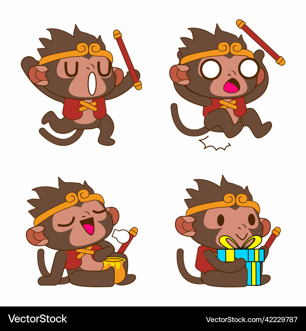 Cute monkey drawing sticker set Royalty Free Vector Image