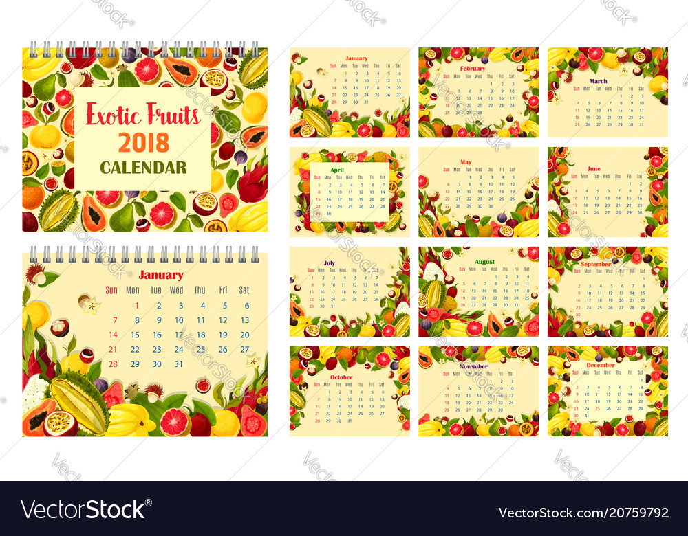 Calendar template with exotic tropical fruit frame