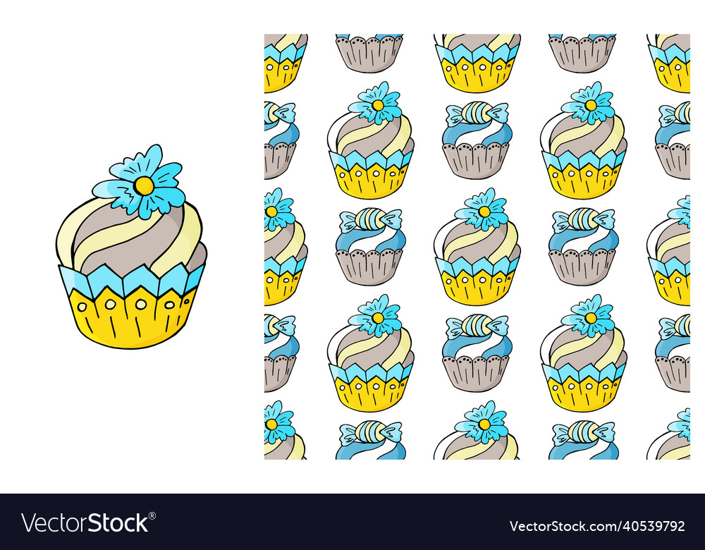 Cupcake muffin set of element and seamless pattern Vector Image Cupcake muffin set of element and seamless pattern