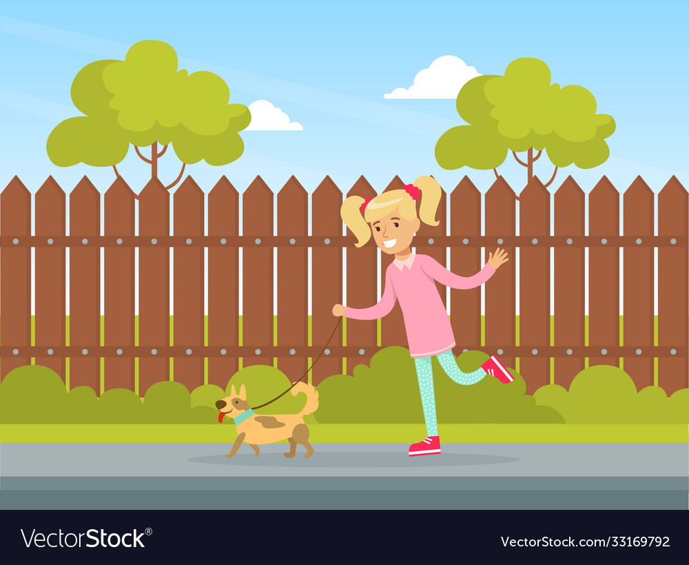 Cute girl walking with dog outdoor kid summer vector image Cute girl walking with dog outdoor kid summer