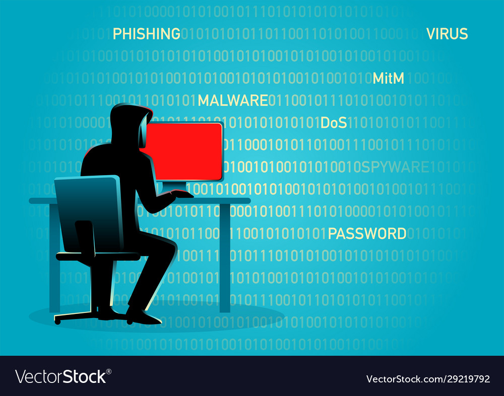 Hacker behind desktop computer vector image Hacker behind desktop computer