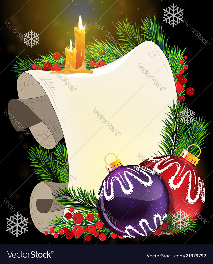 Paper scroll with candles and christmas baubles Vector Image