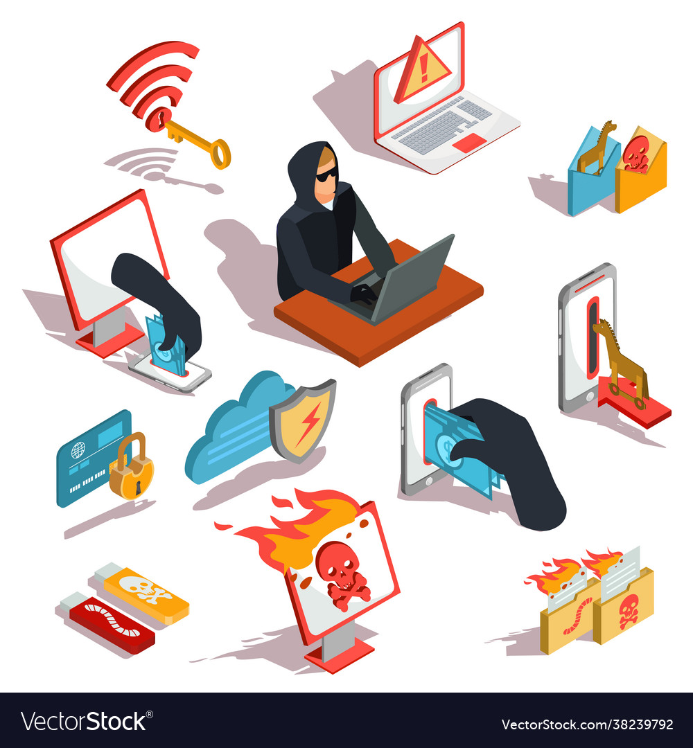 Set isometric hacker icons