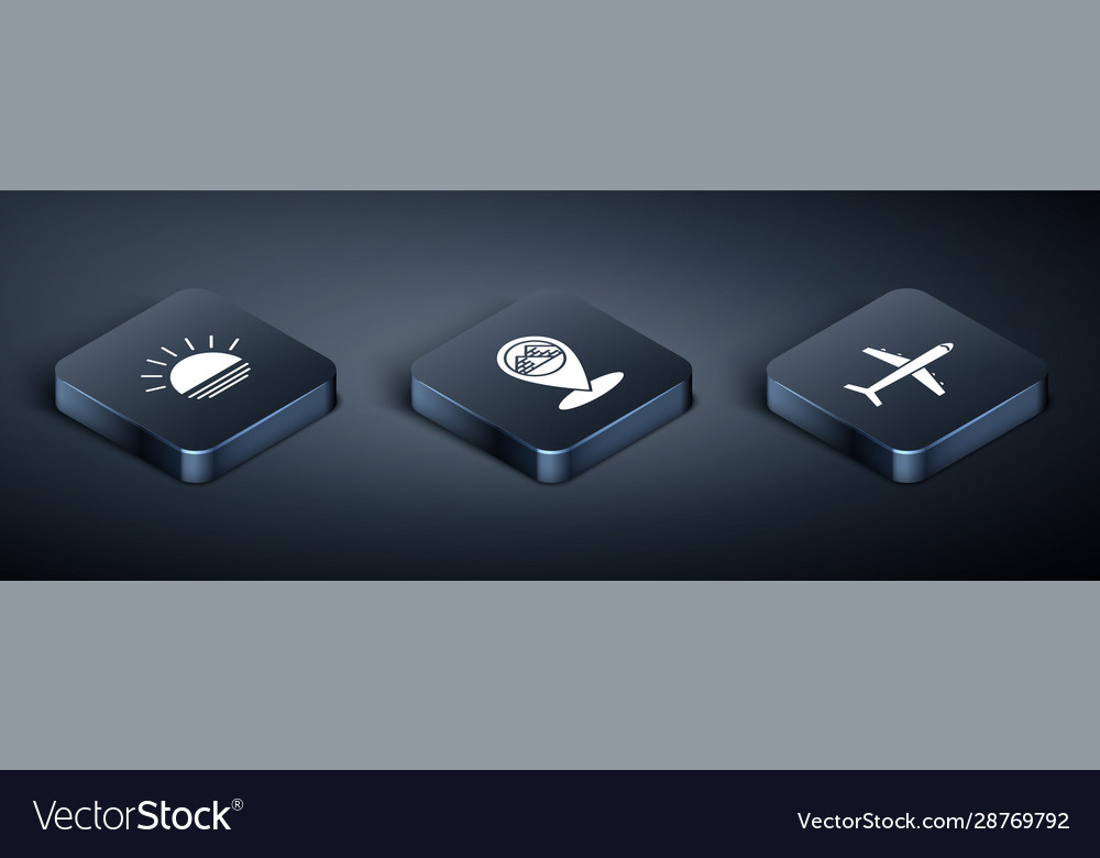 Set isometric sunset plane and map pointer vector image Set isometric sunset plane and map pointer