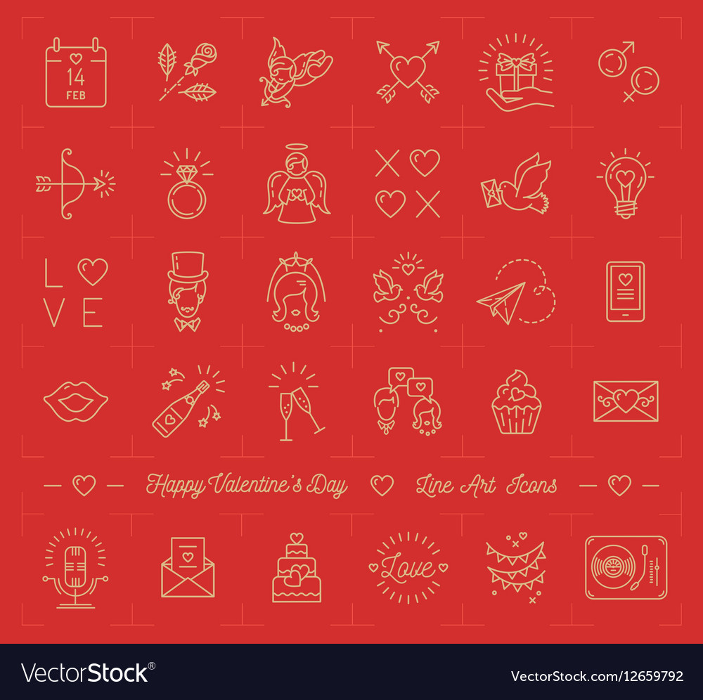 Valentine icon set love symbols flat design line