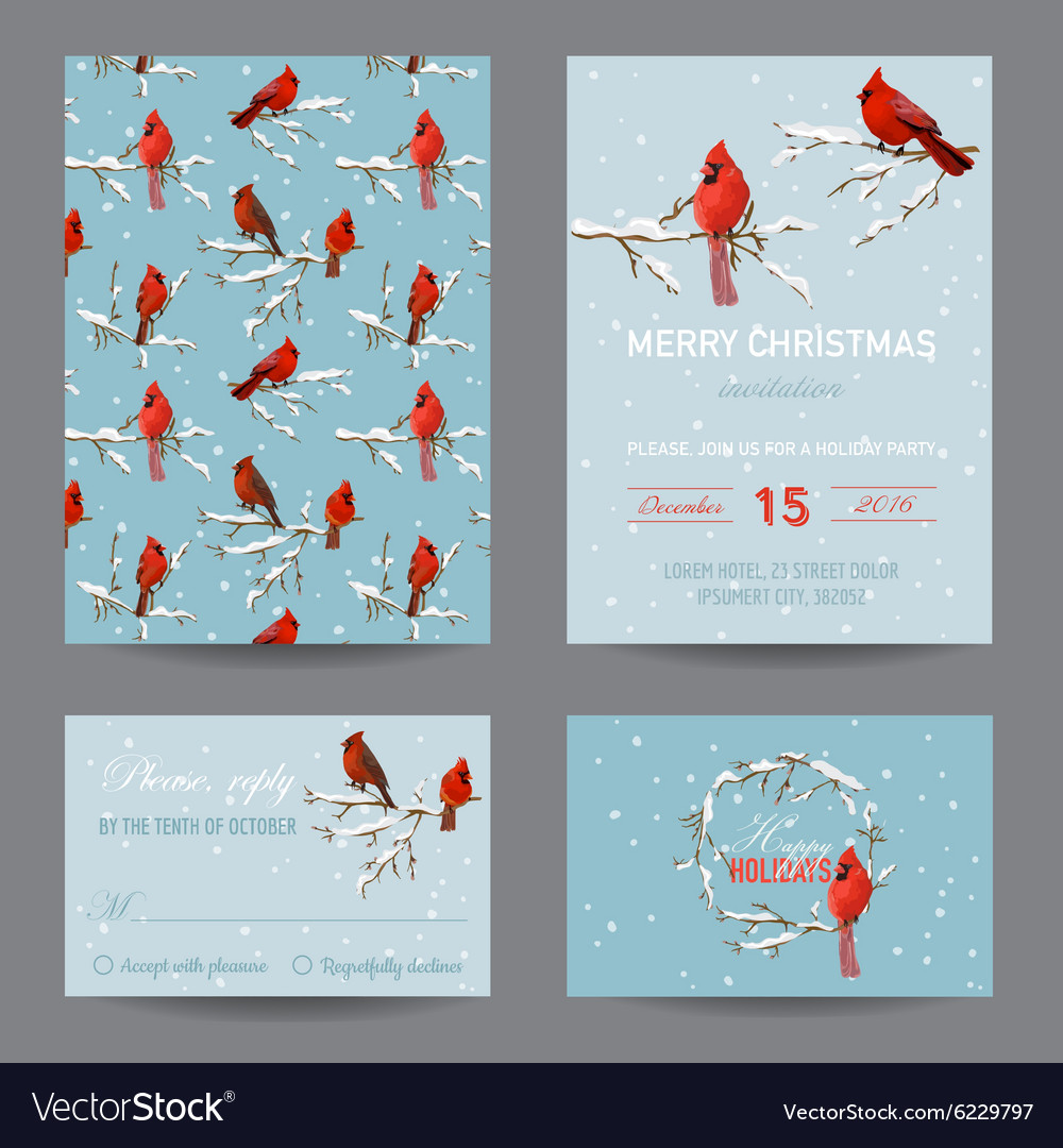 Christmas Winter Birds Greeting Card Set Vector Image