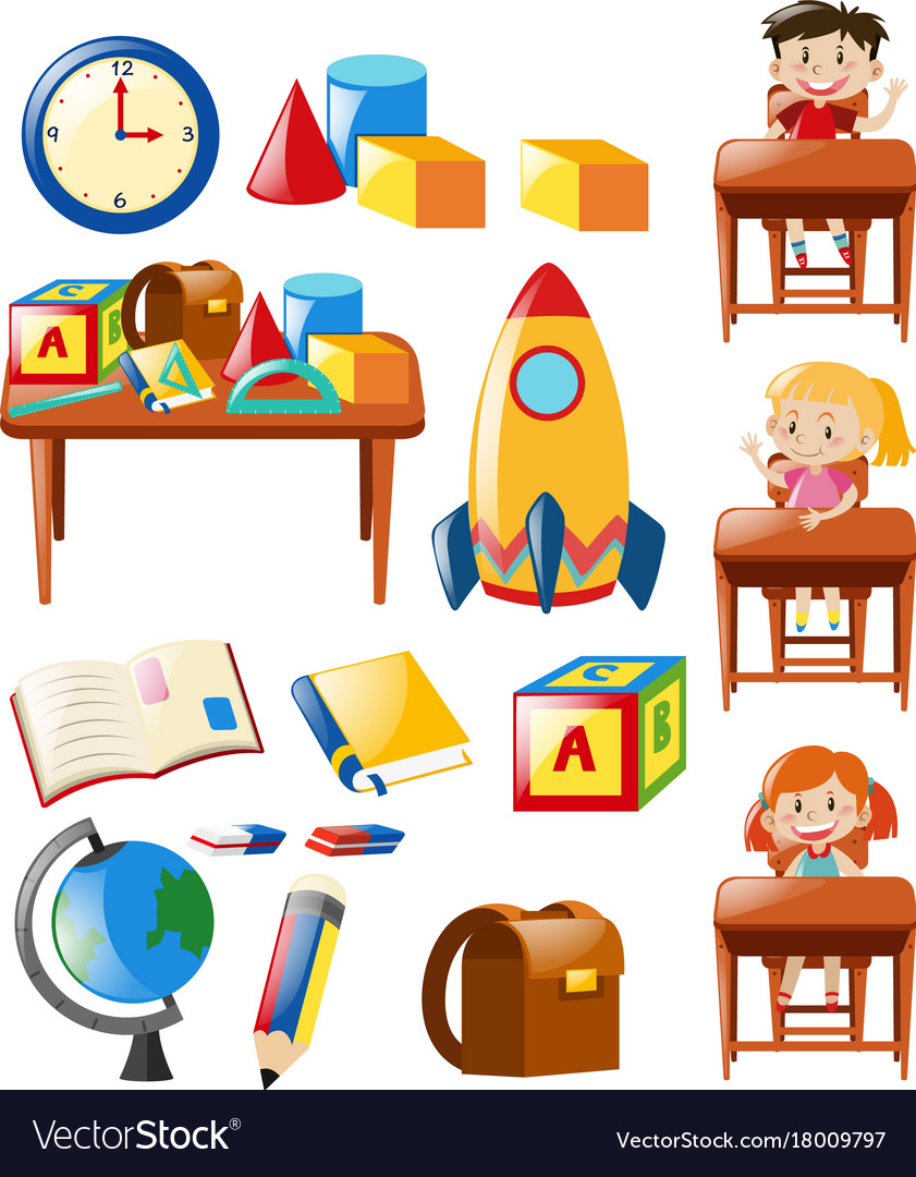 Students and school objects set