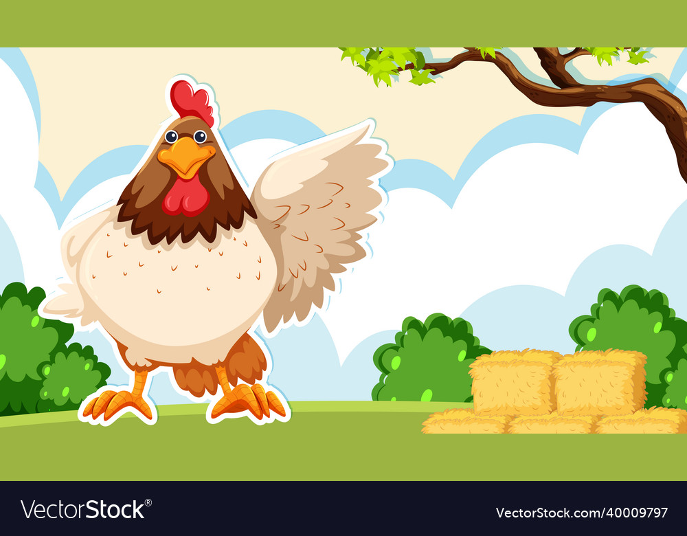 Thumbnail design with chicken on farm background vector image Thumbnail design with chicken on farm background