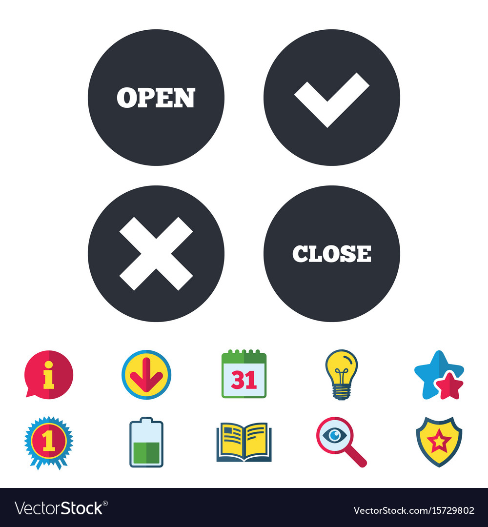 Open and close icons check or tick delete sign