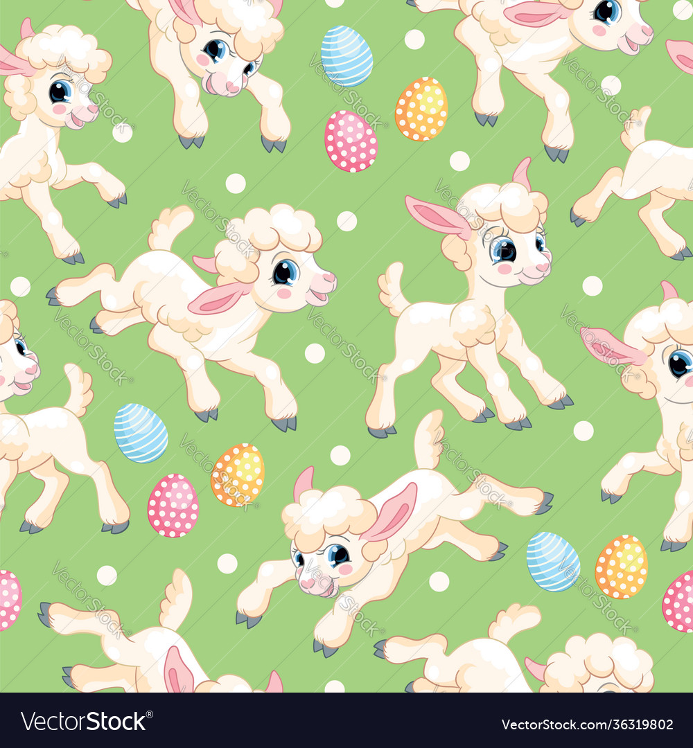 Seamless pattern white lambs on green background