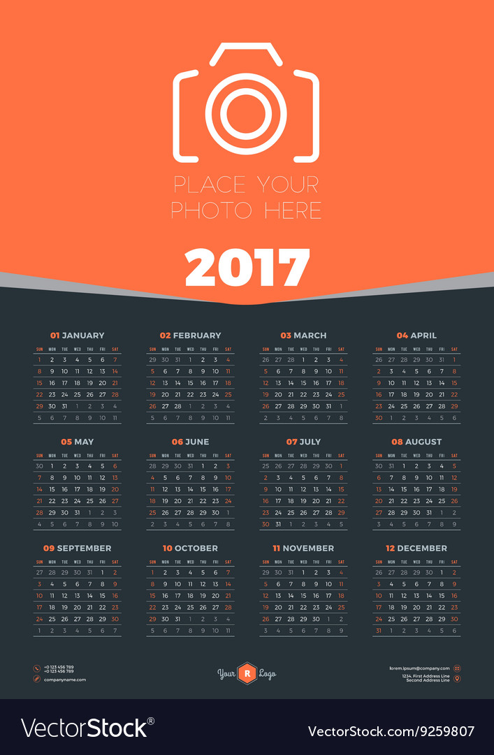 Calendar design template for 2017 year week starts