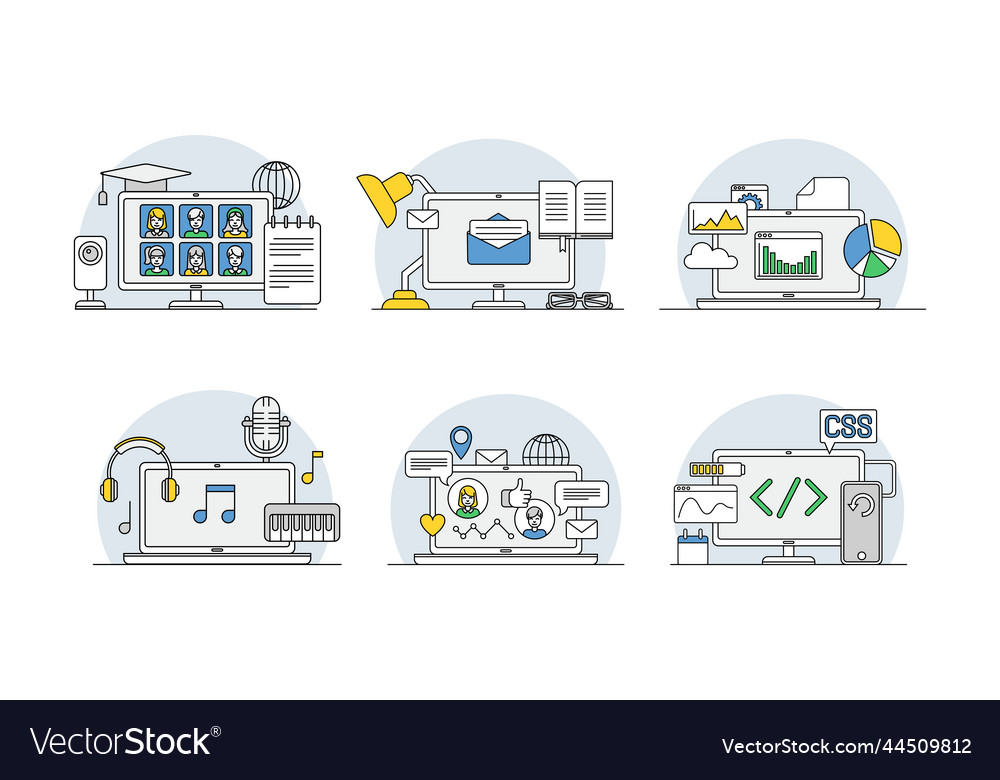Computer apps and information on screen set vector image Computer apps and information on screen set
