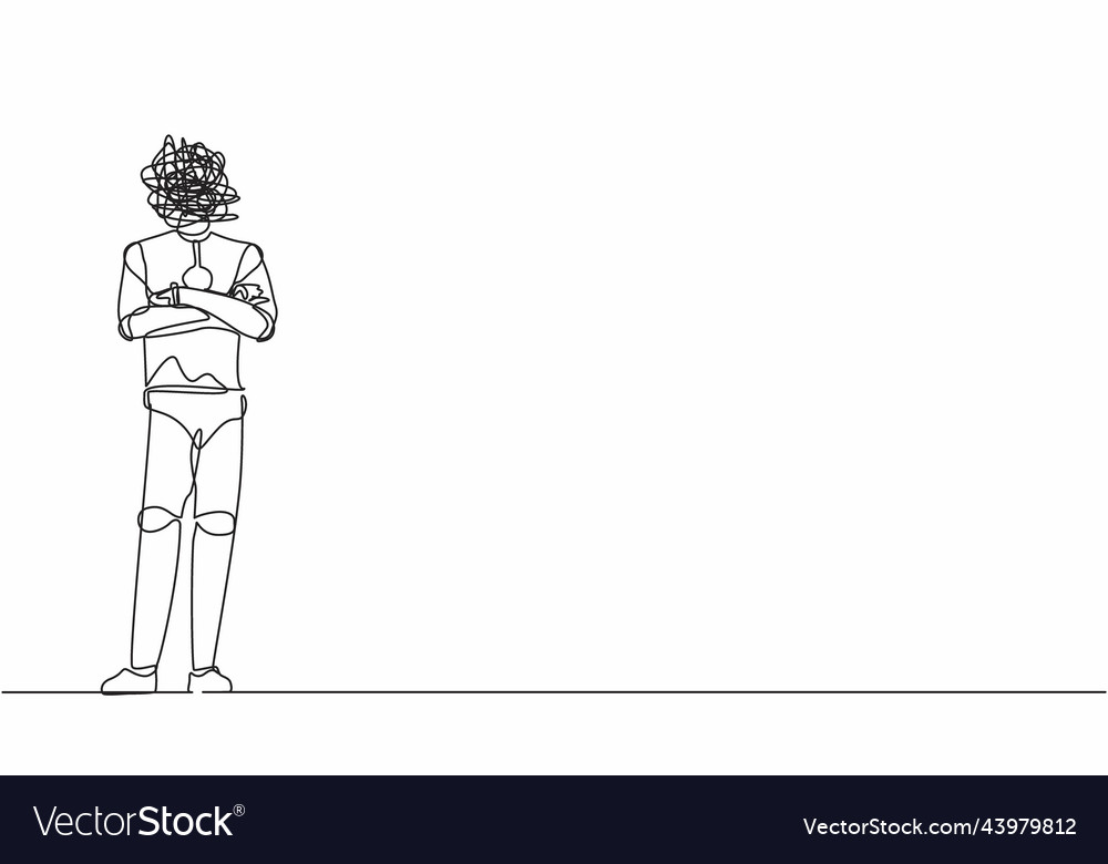 Continuous one line drawing robot with round vector image Continuous one line drawing robot with round