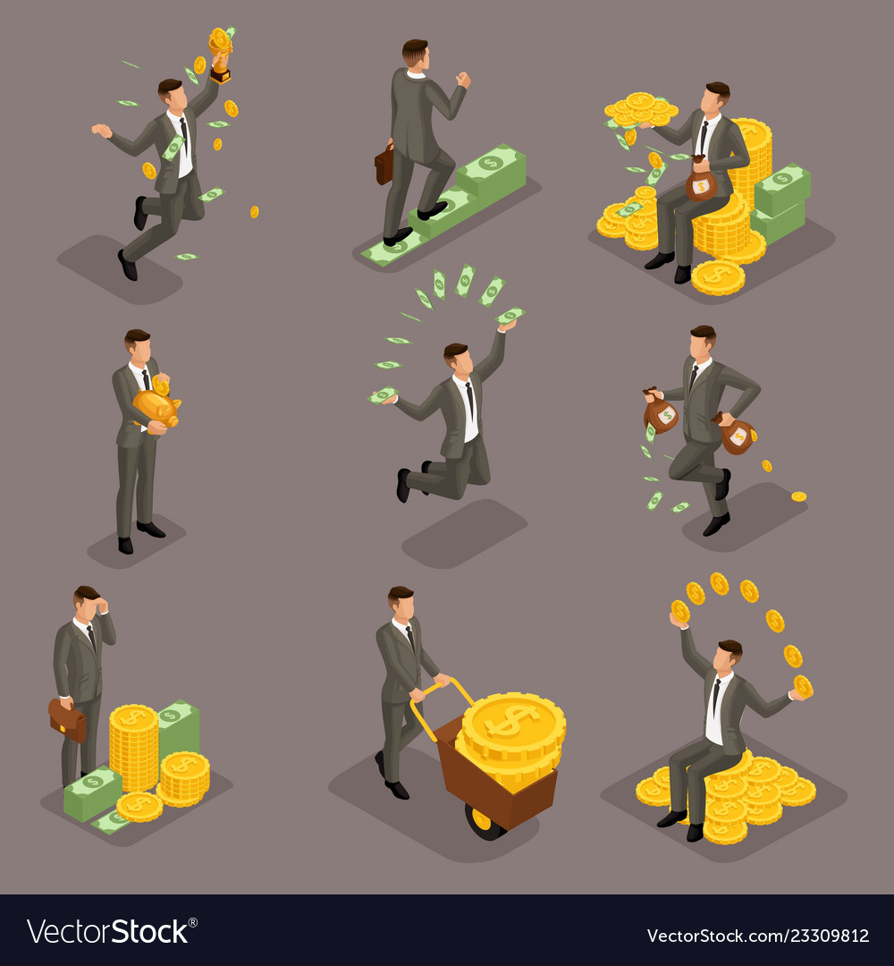 Isometric young businessman money profit gold