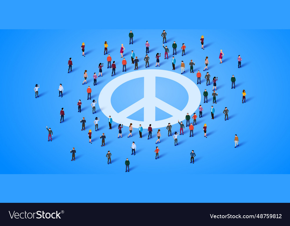 Large group of people stand around the peace