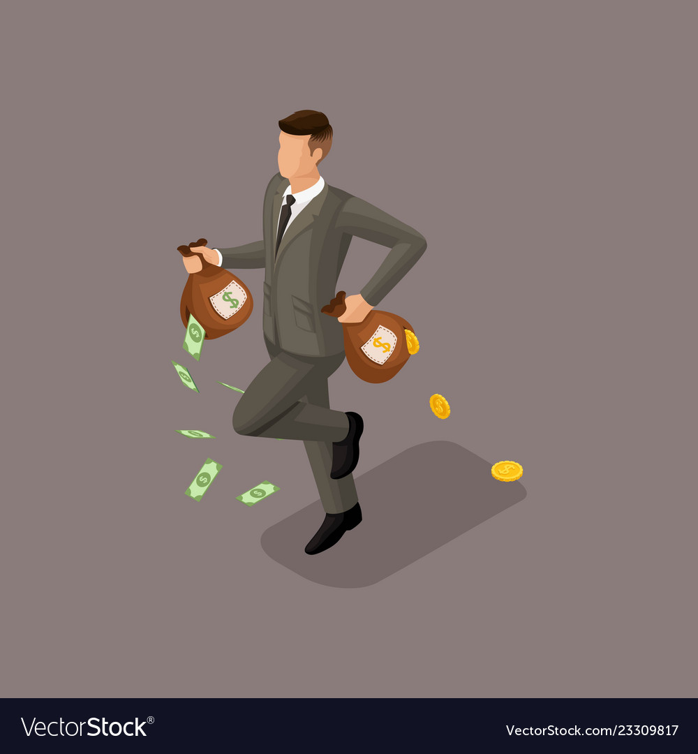 Isometric young businessman money profit gold