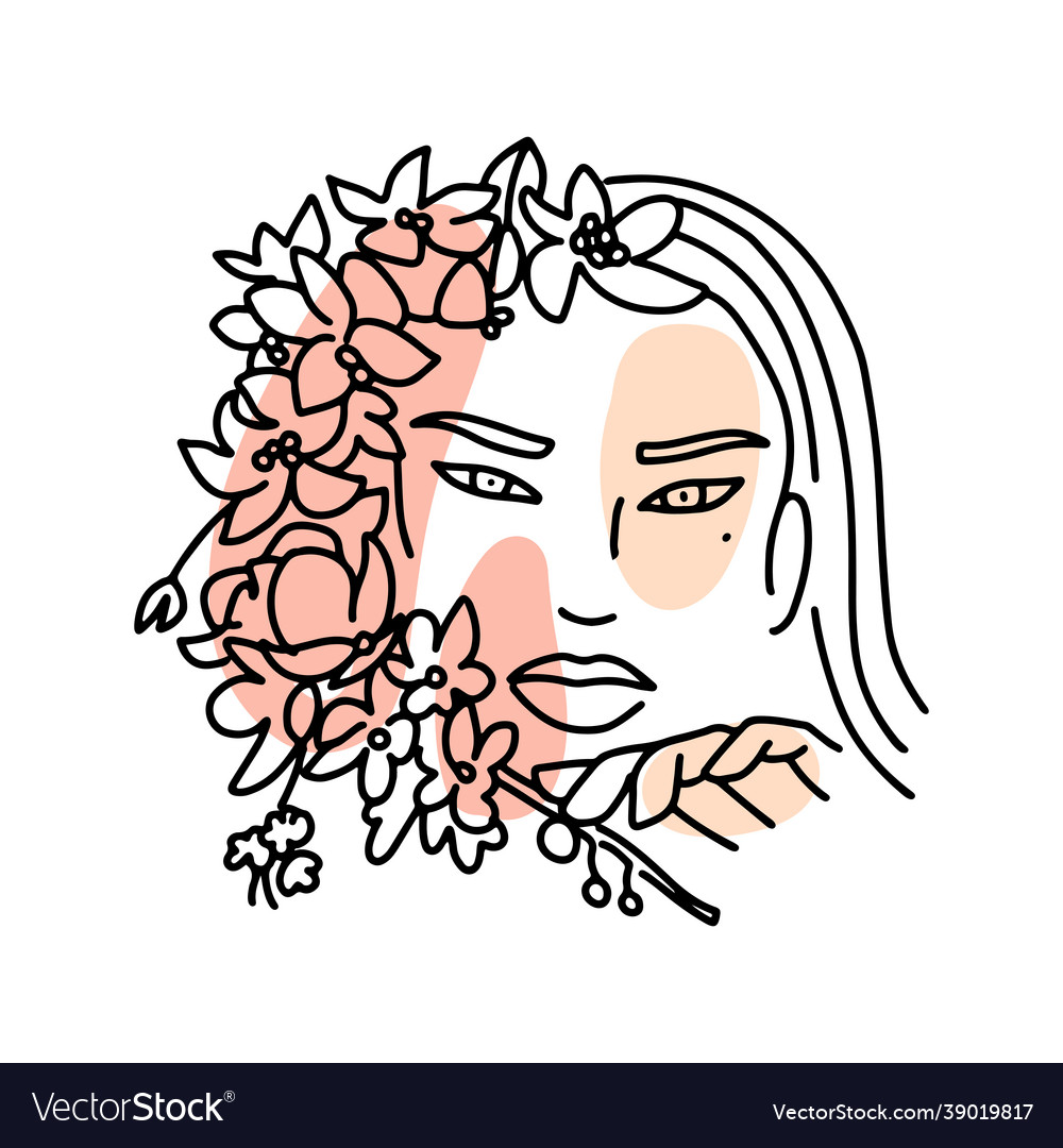 Linear female face woth blooming branch feminine