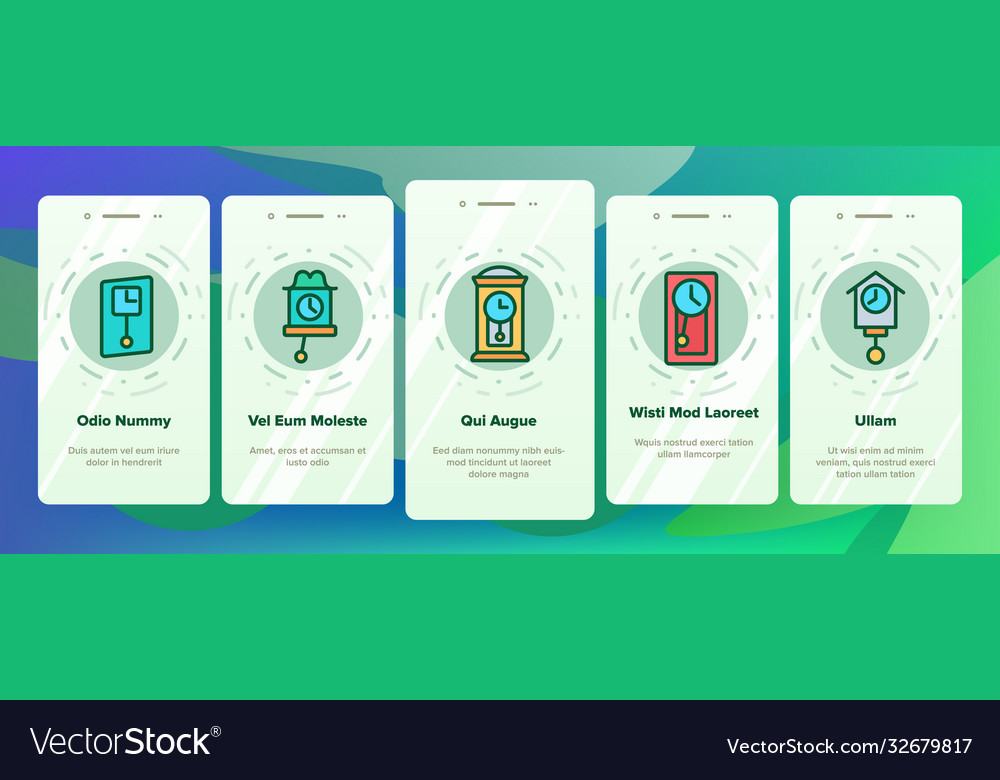 Pendulum clock device onboarding icons set