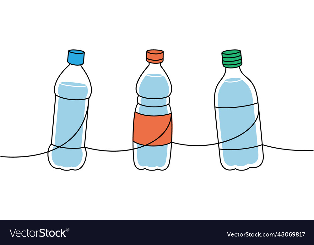 Set of plastic bottles one line colored continuous