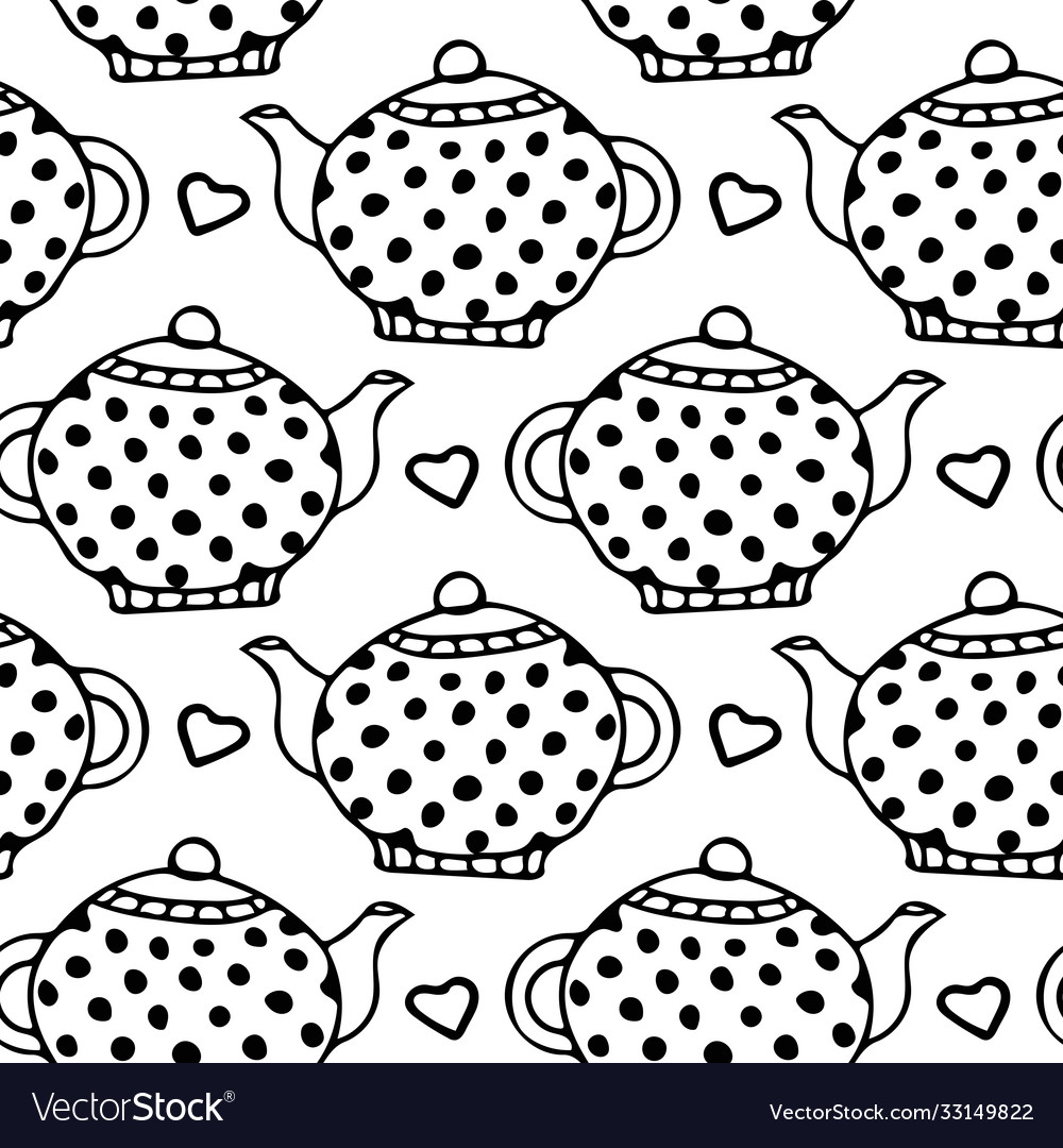 Polka dot teapots and hearts seamless pattern