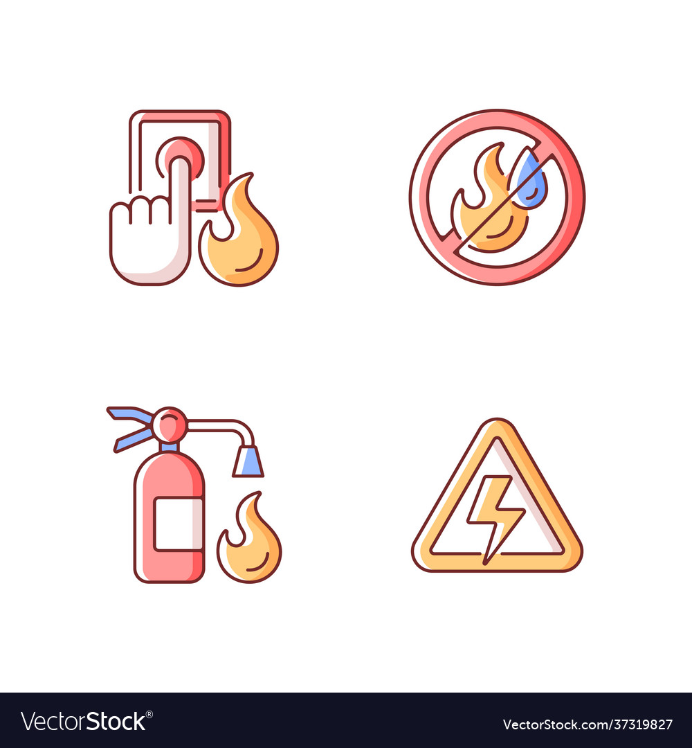 Fire hazards instructions rgb color icons set Vector Image