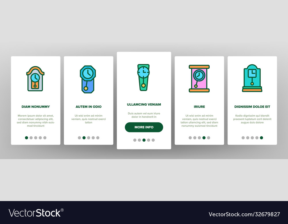 Pendulum clock device onboarding icons set