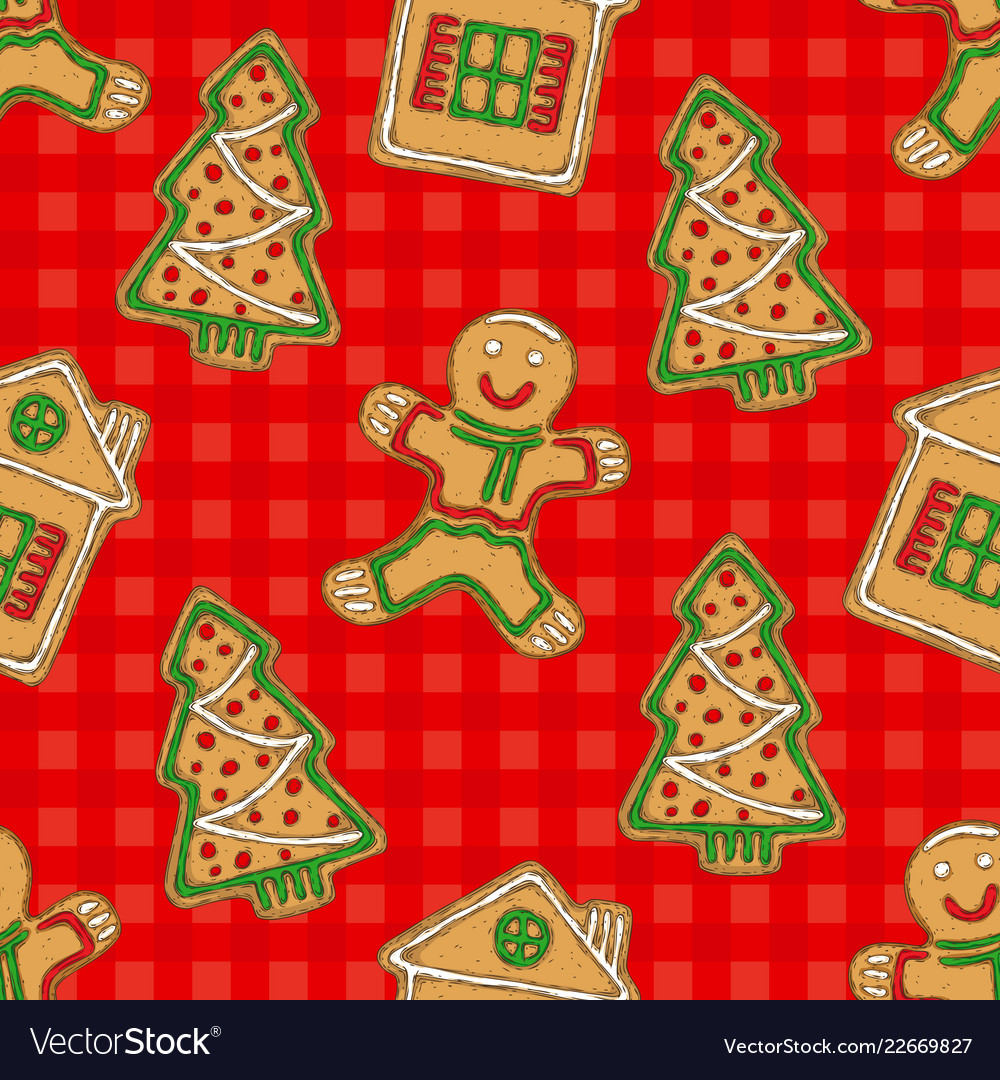 Seamless pattern gingerbread man house and tree